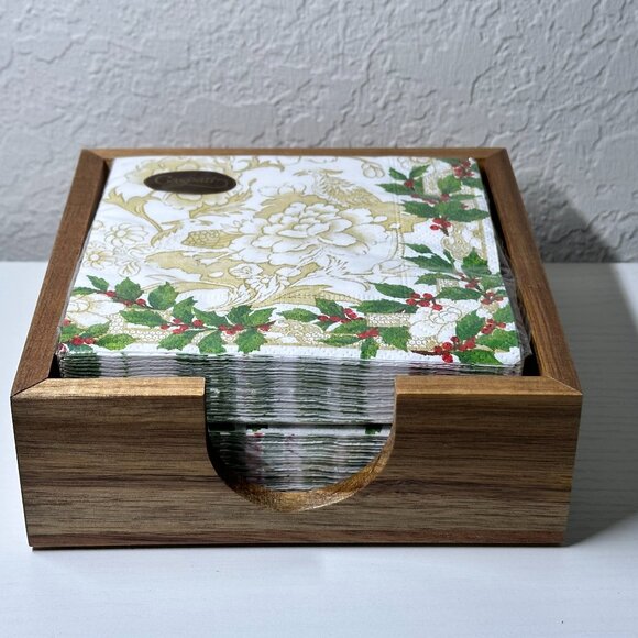 Holiday Cocktail Napkins with Teak Napkin Holder Holiday Gift Set-BNIB - Picture 1 of 5